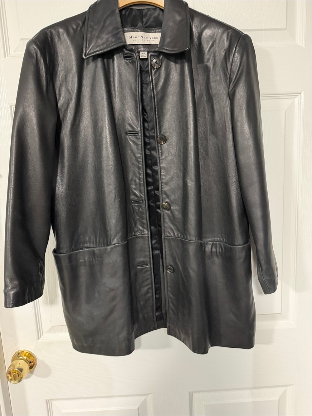 Marc New York Black Leather Button-Front Jacket fits like a Medium.